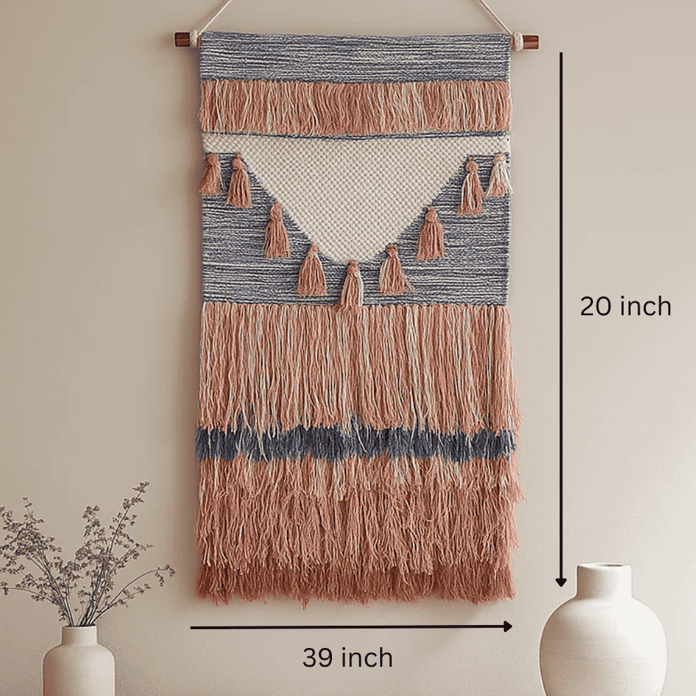 Mediterranean cotton wall hanging shown at an angle for depth