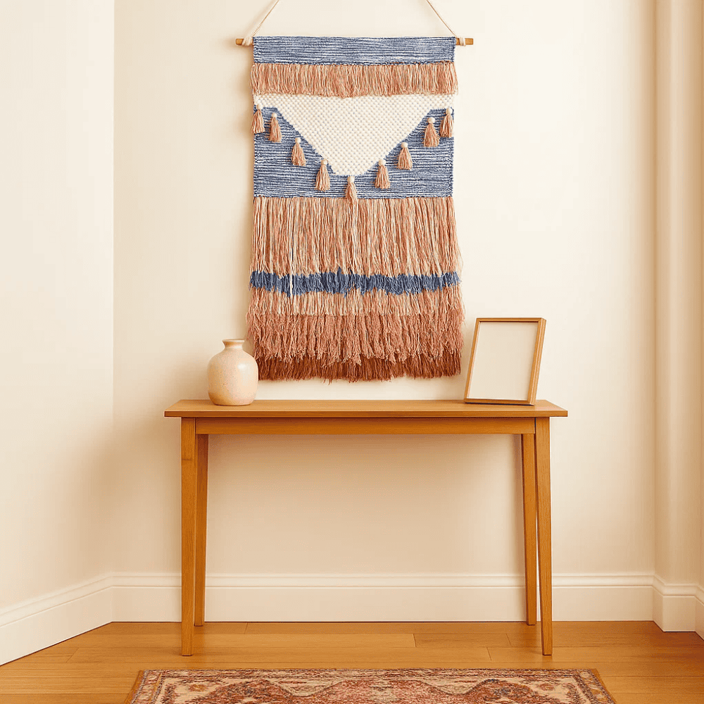 Mediterranean cotton wall hanging full straight-on view of woven motifs