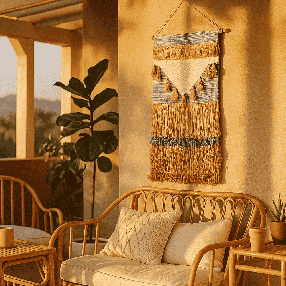Mediterranean cotton wall hanging styled in a coastal living room