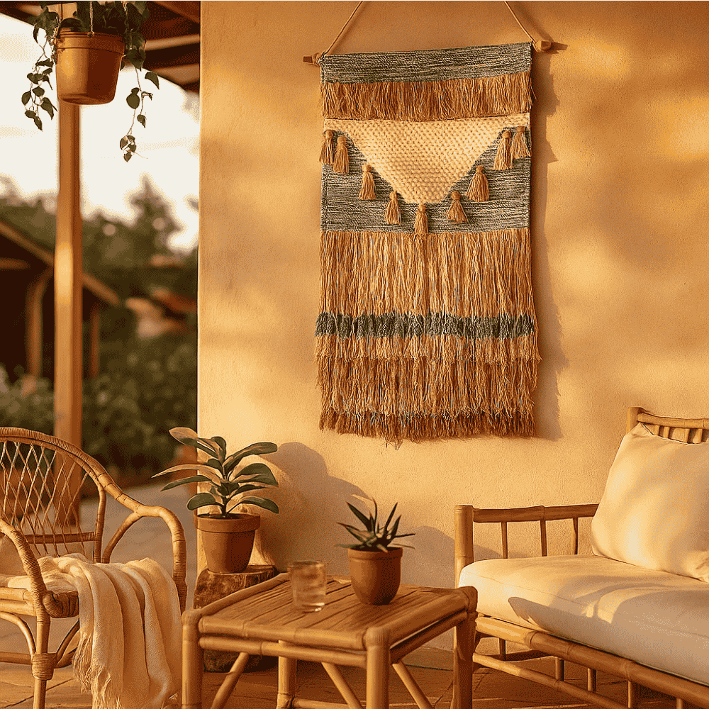 Mediterranean cotton wall hanging shown above a sofa setting