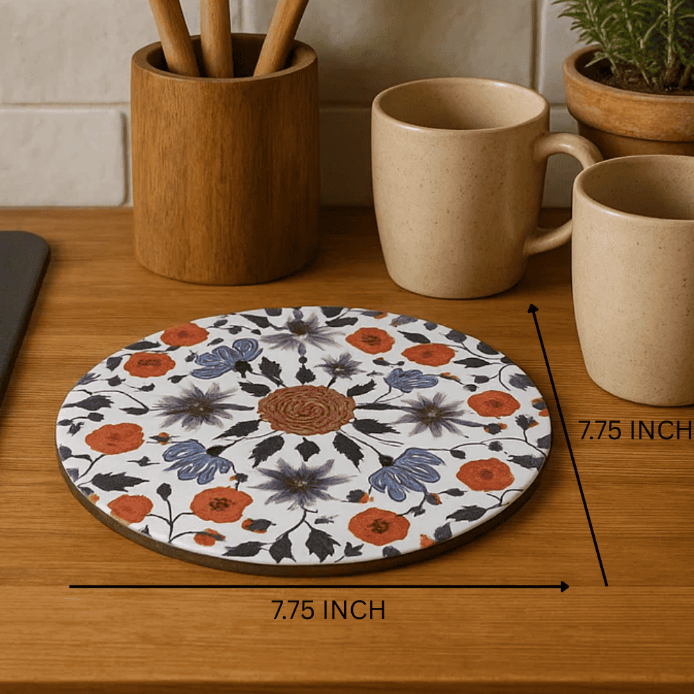 Floral trivet in use under a pot