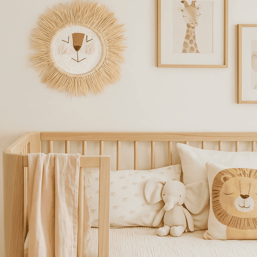 Cotton lion wall hanging styled in a nursery