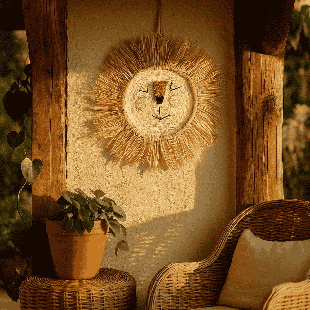 Cotton lion wall hanging detail of yarn mane