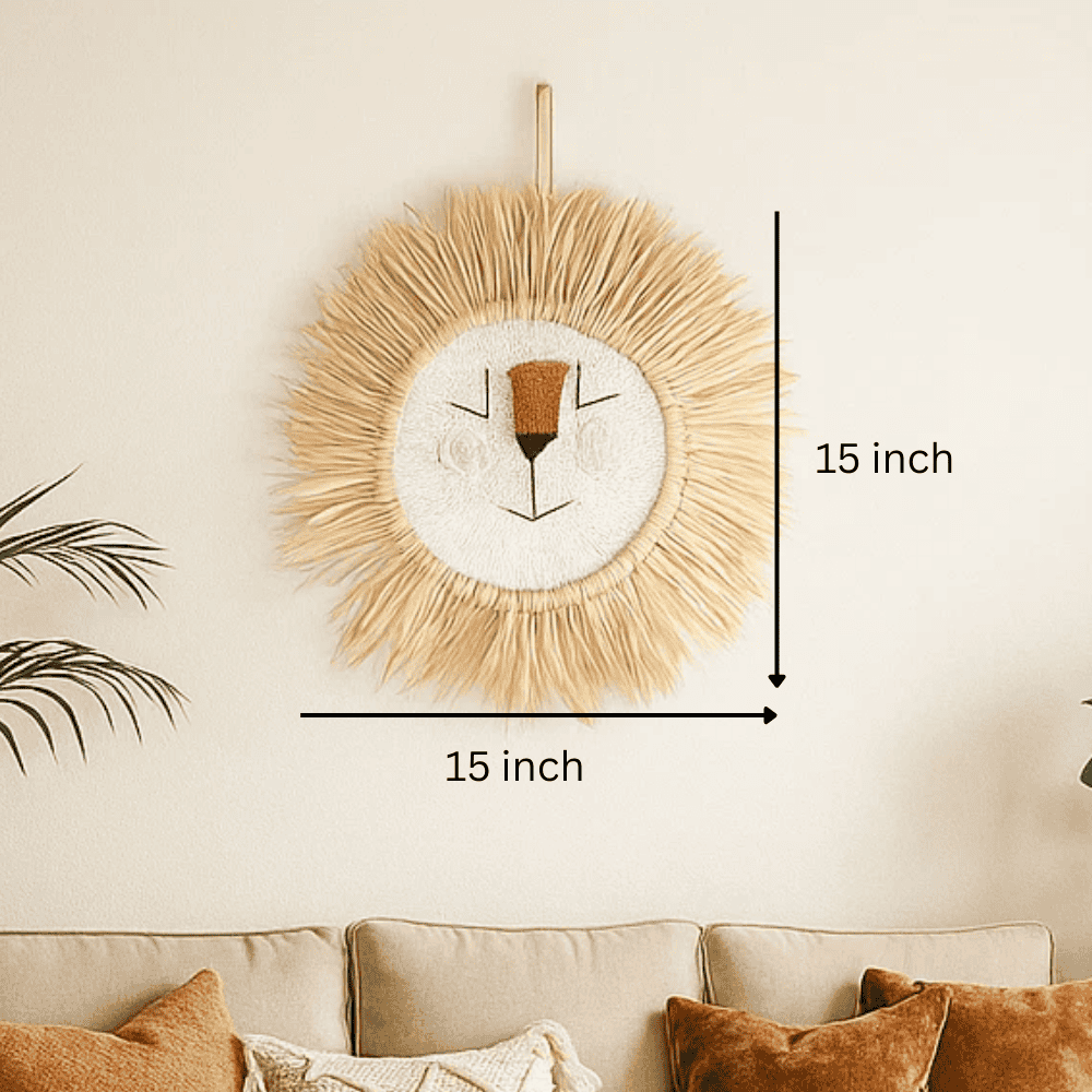 Cotton lion wall hanging shown at an angle