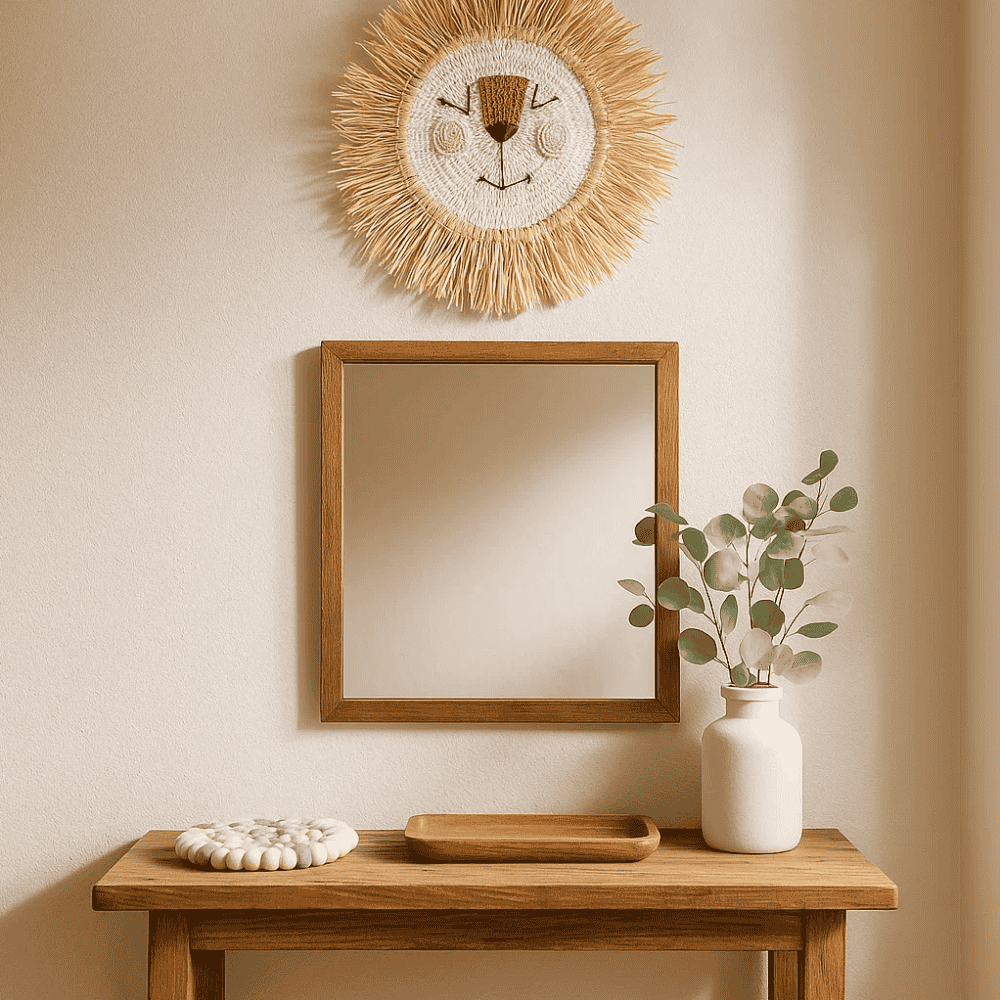 Cotton lion wall hanging on a soft kids room wall