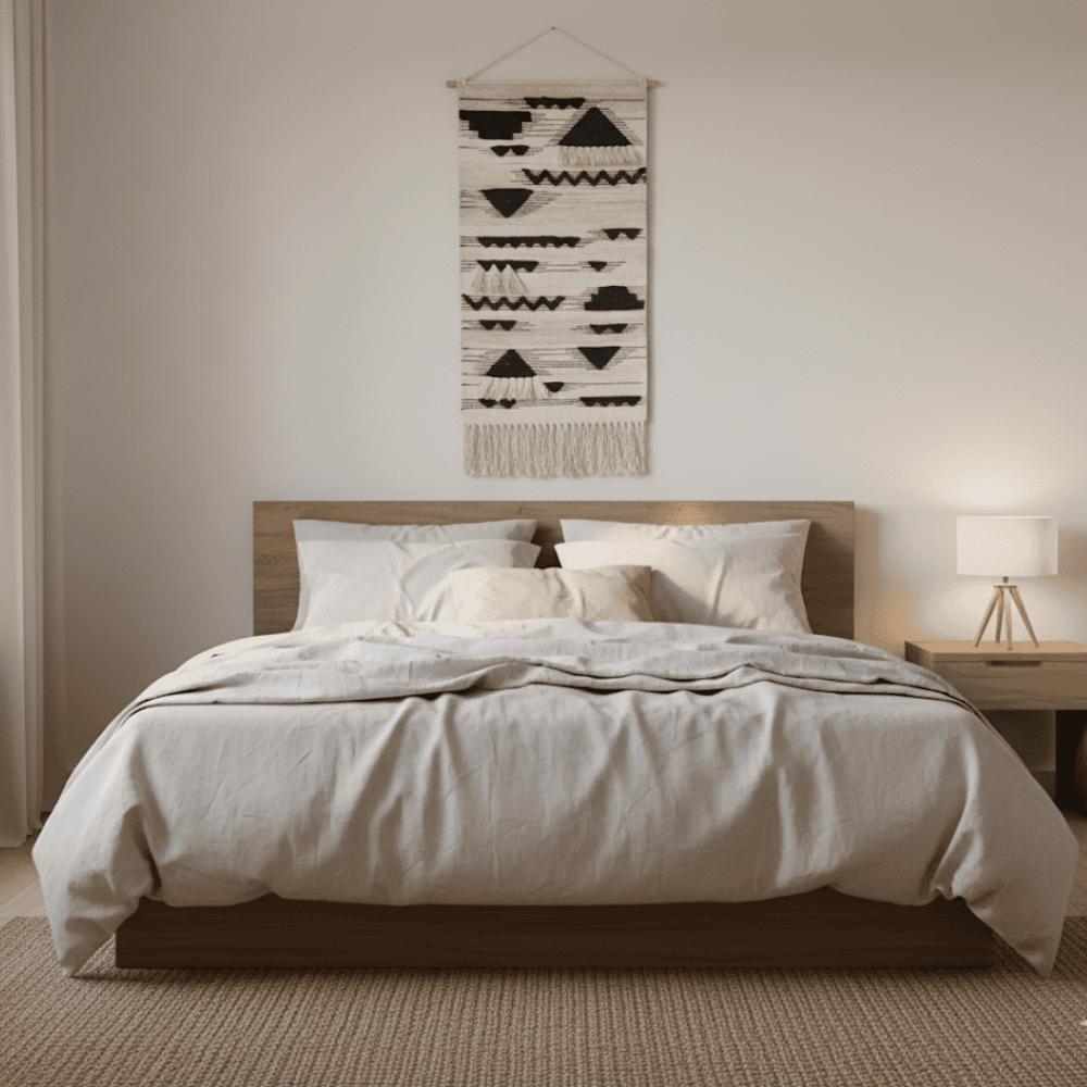 Tribal wool wall hanging styled in an eclectic room