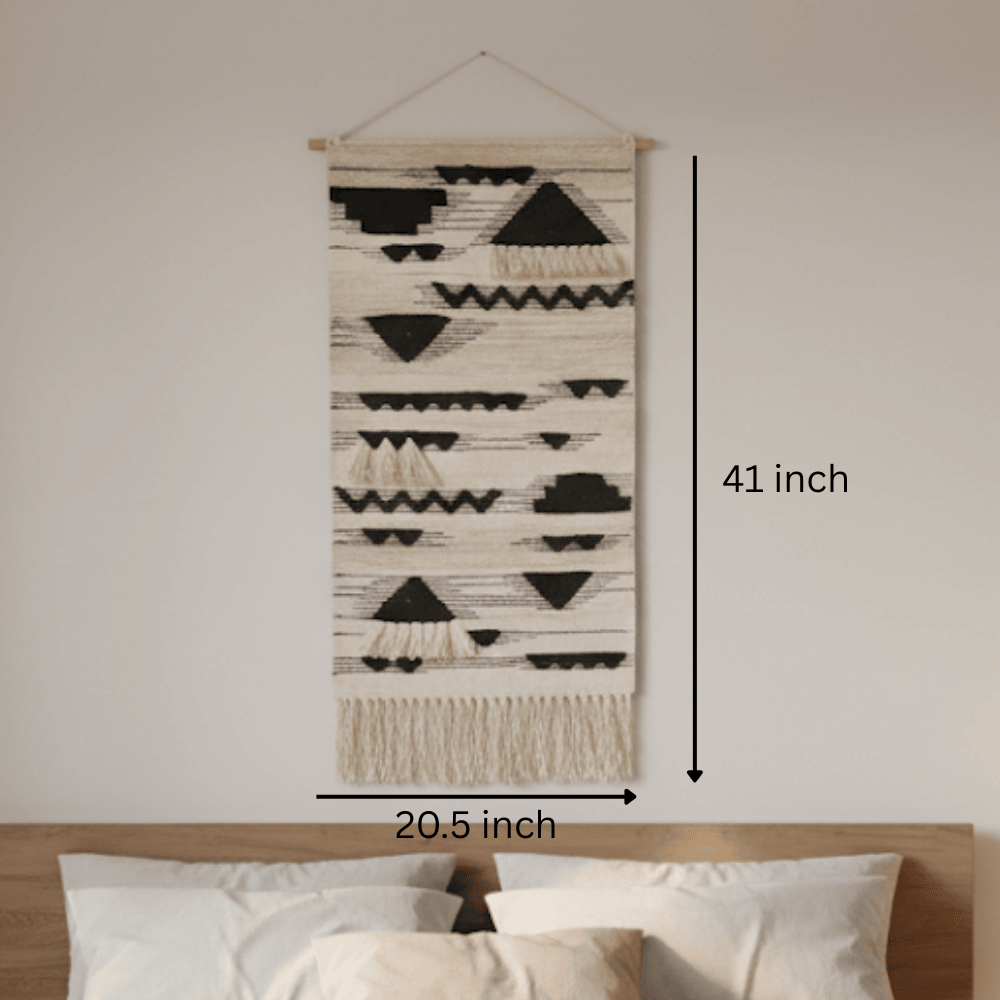 Tribal wool wall hanging on a plain wall