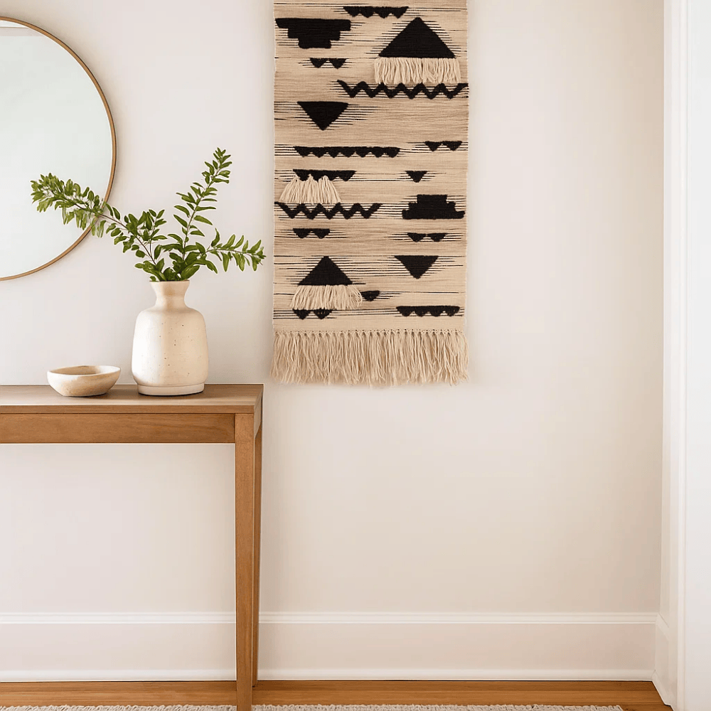 Tribal wool wall hanging detail of fringe at the bottom