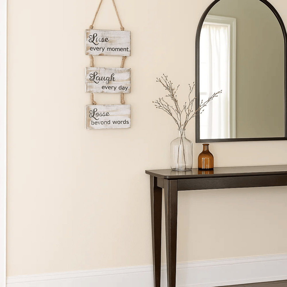 Live Laugh Love wall hanging front view of three tiered panels