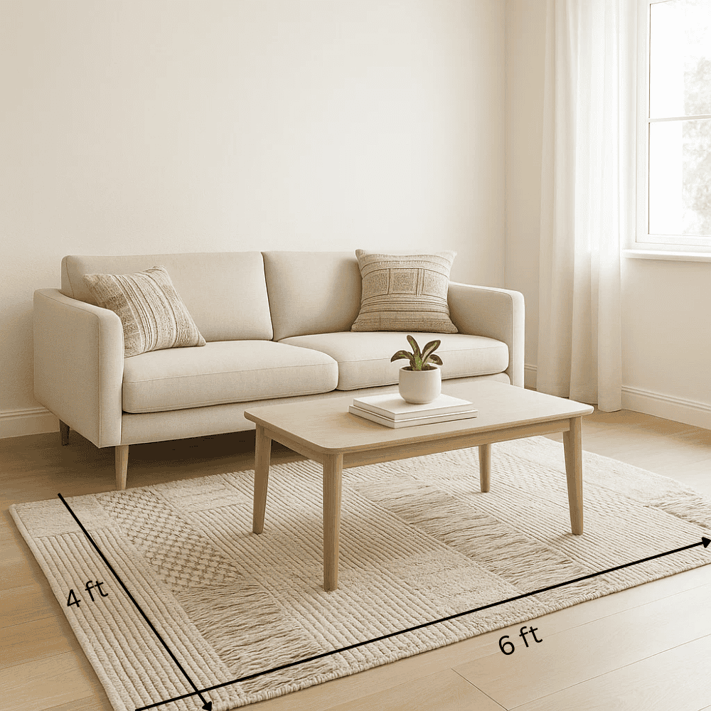 Angled view of the handmade woven cotton rug