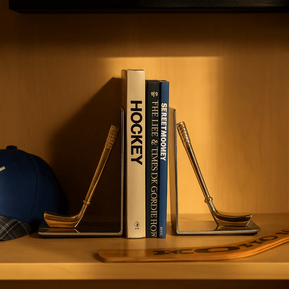 Hockey bookends at an angle