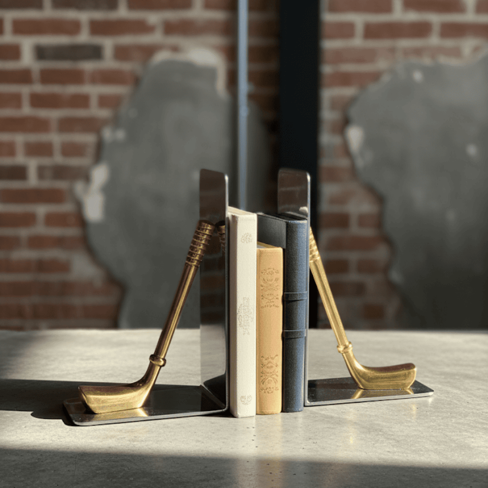 Hockey bookends holding books