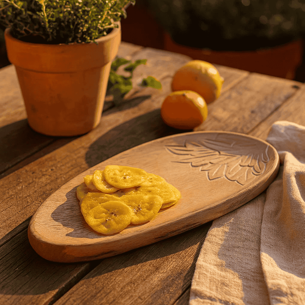 Mango wood serving platter at an angle