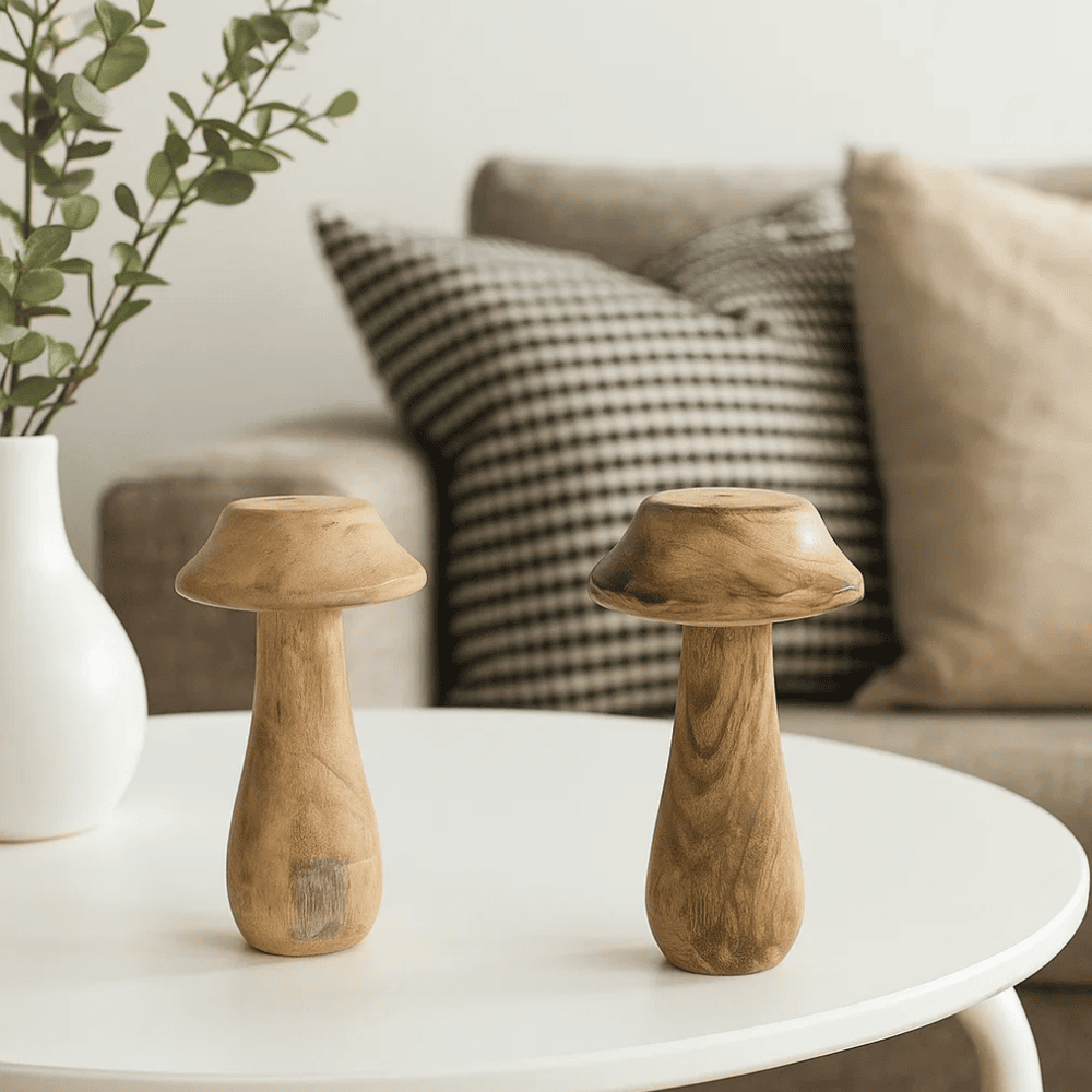 Wooden mushroom decor set of 2 front view