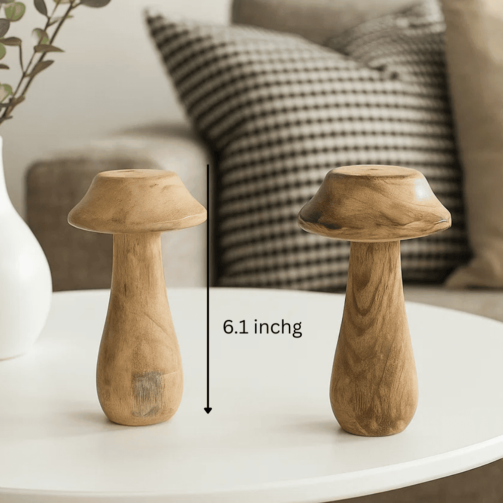 Wooden mushroom decor close-up of mushroom shape