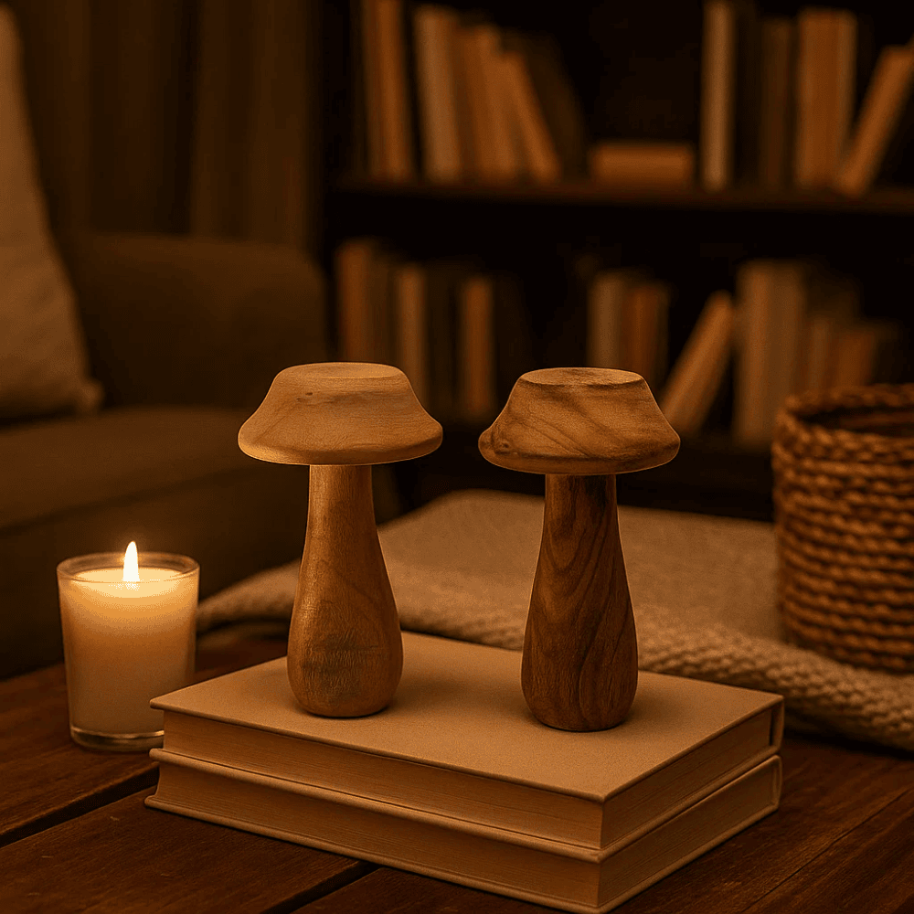 Wooden mushroom decor on a shelf