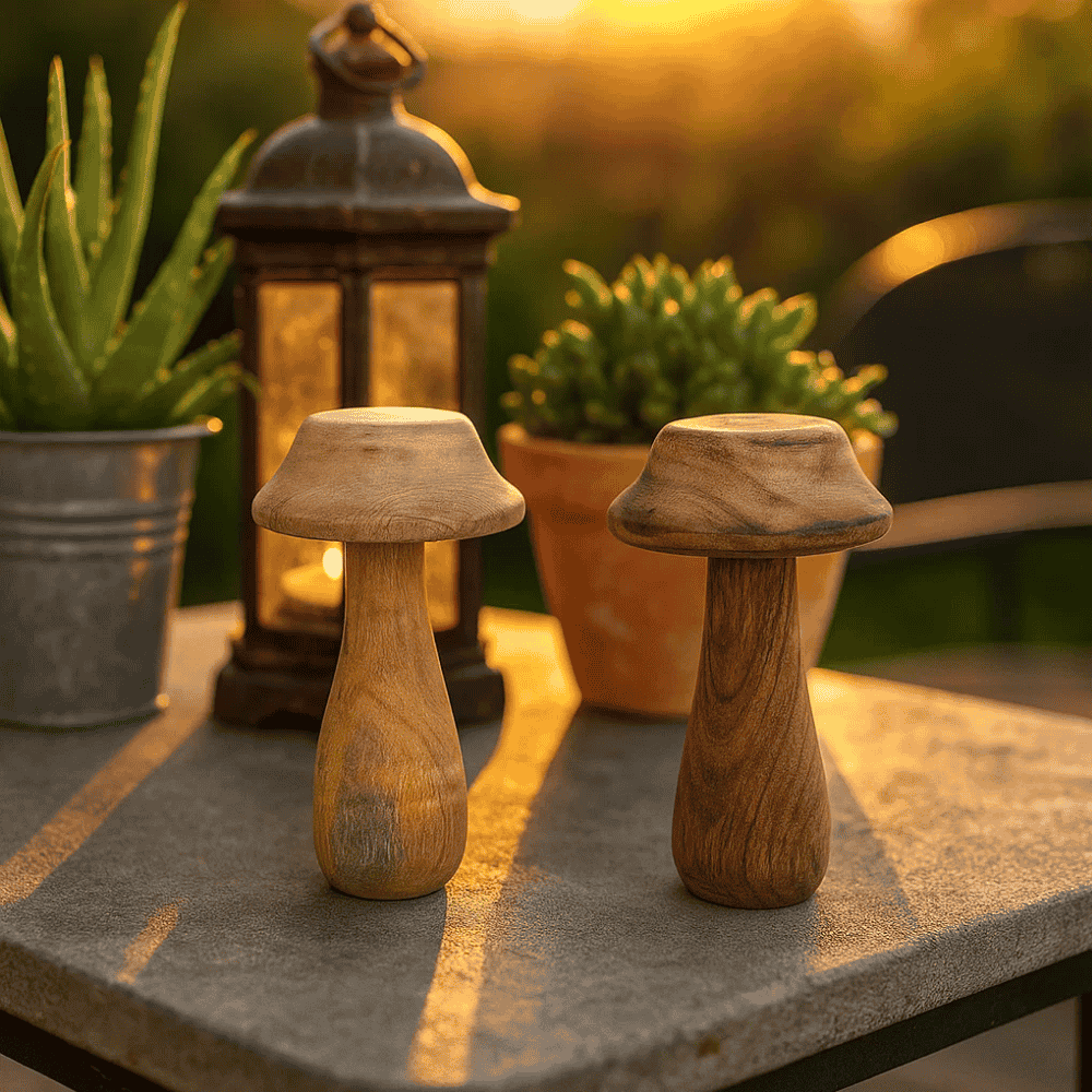 Wooden mushroom decor at an angle