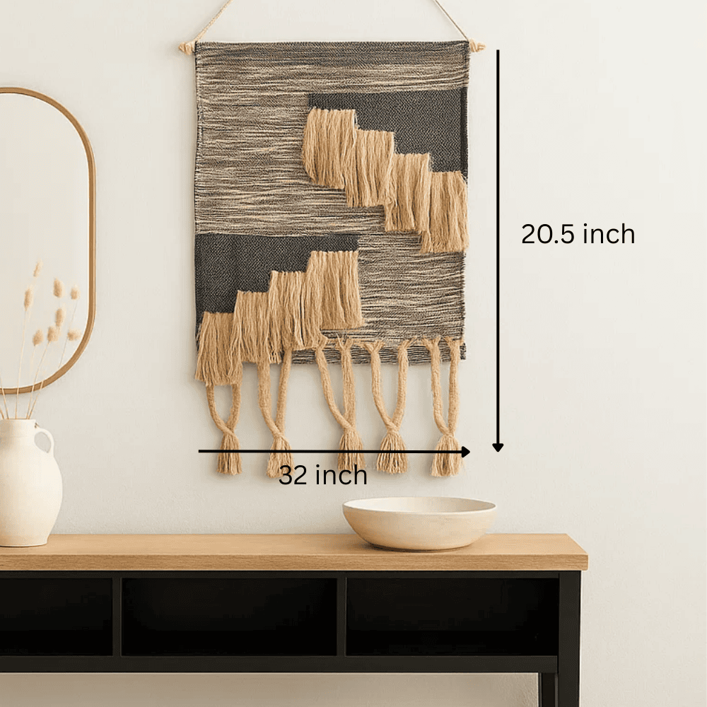 Braided cotton wall hanging shown at an angle for depth