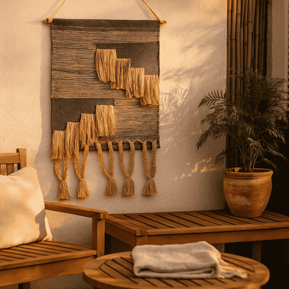 Braided cotton wall hanging detail of fringed lower edge