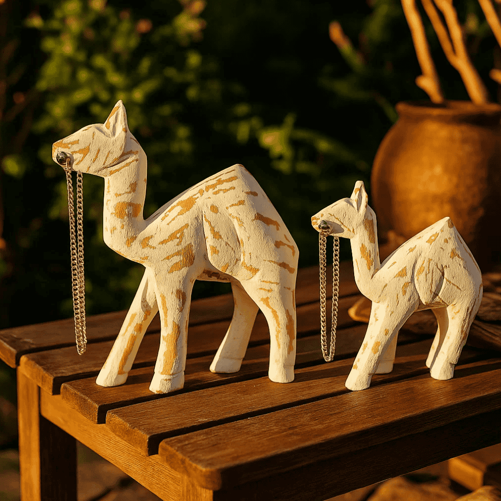 Wooden camel sculpture close-up of carving
