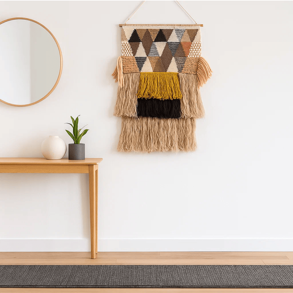 Art deco wool wall hanging detail of layered fringe