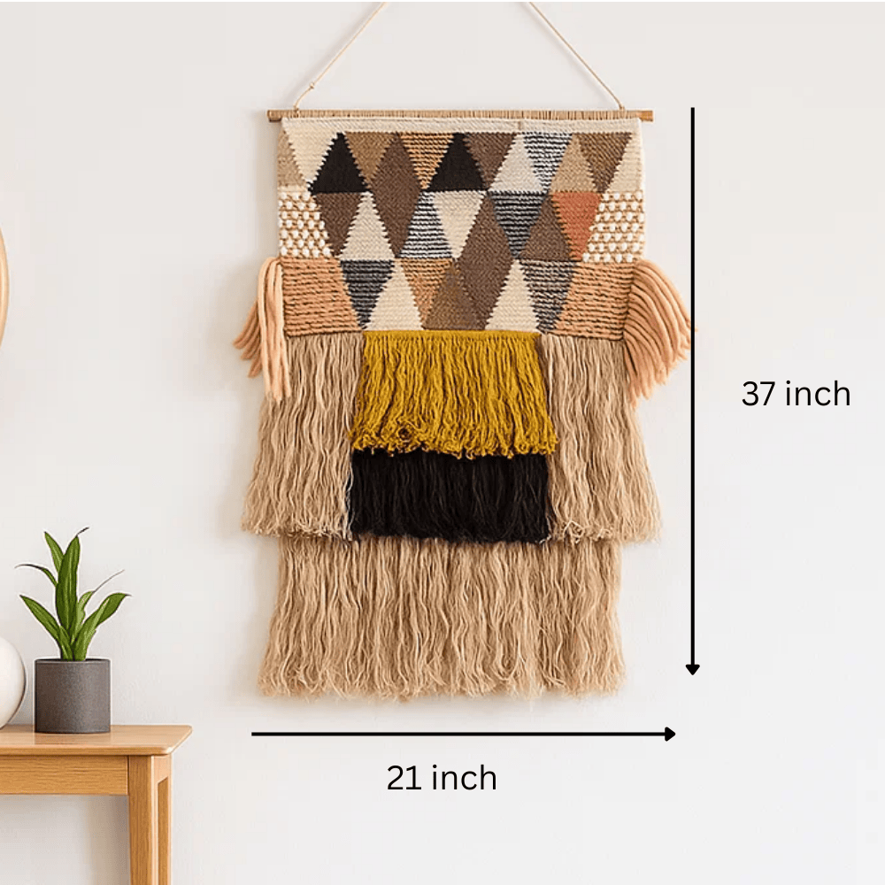 Art deco wool wall hanging shown at an angle