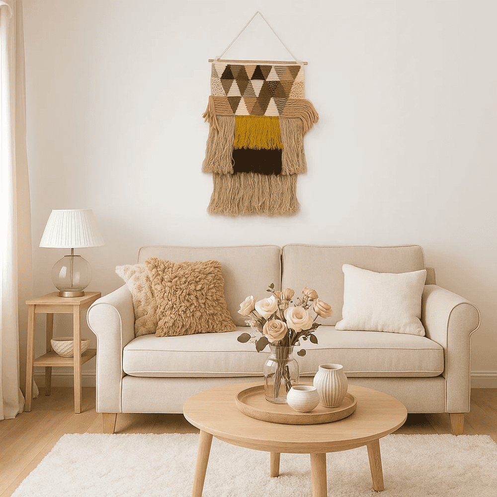 Art deco wool wall hanging in a modern styled room