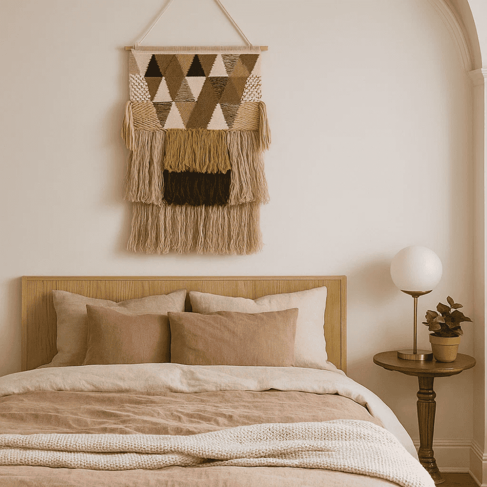 Art deco wool wall hanging above a sideboard