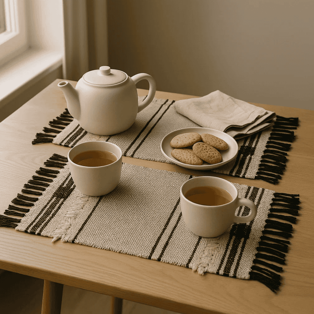 Neutral tasseled placemats weave detail