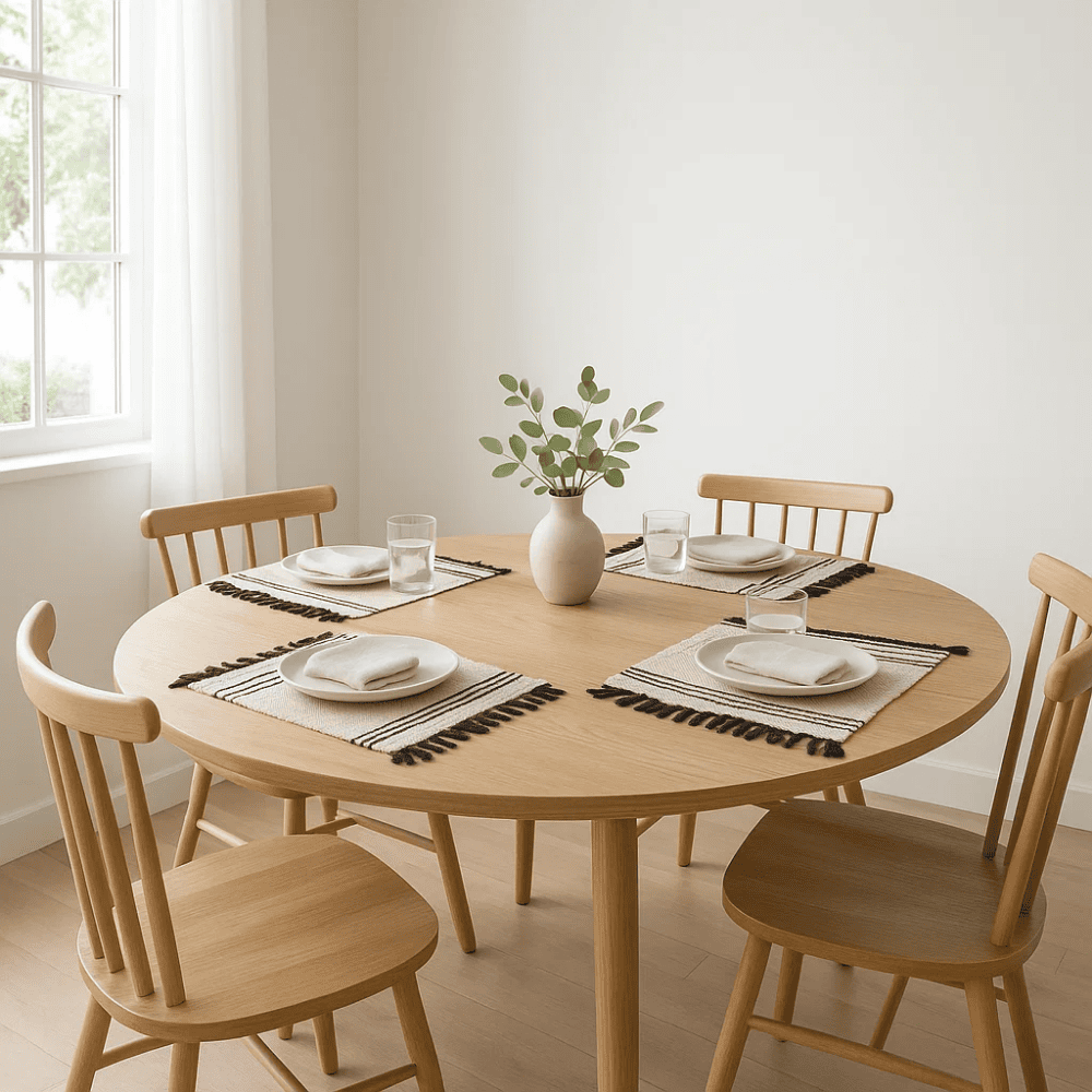 Neutral tasseled placemats styled on a dining table