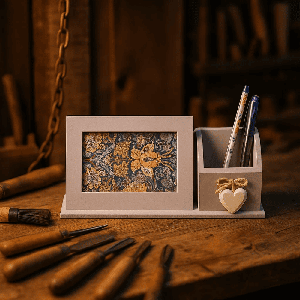 Wooden desk stand pen slots detail