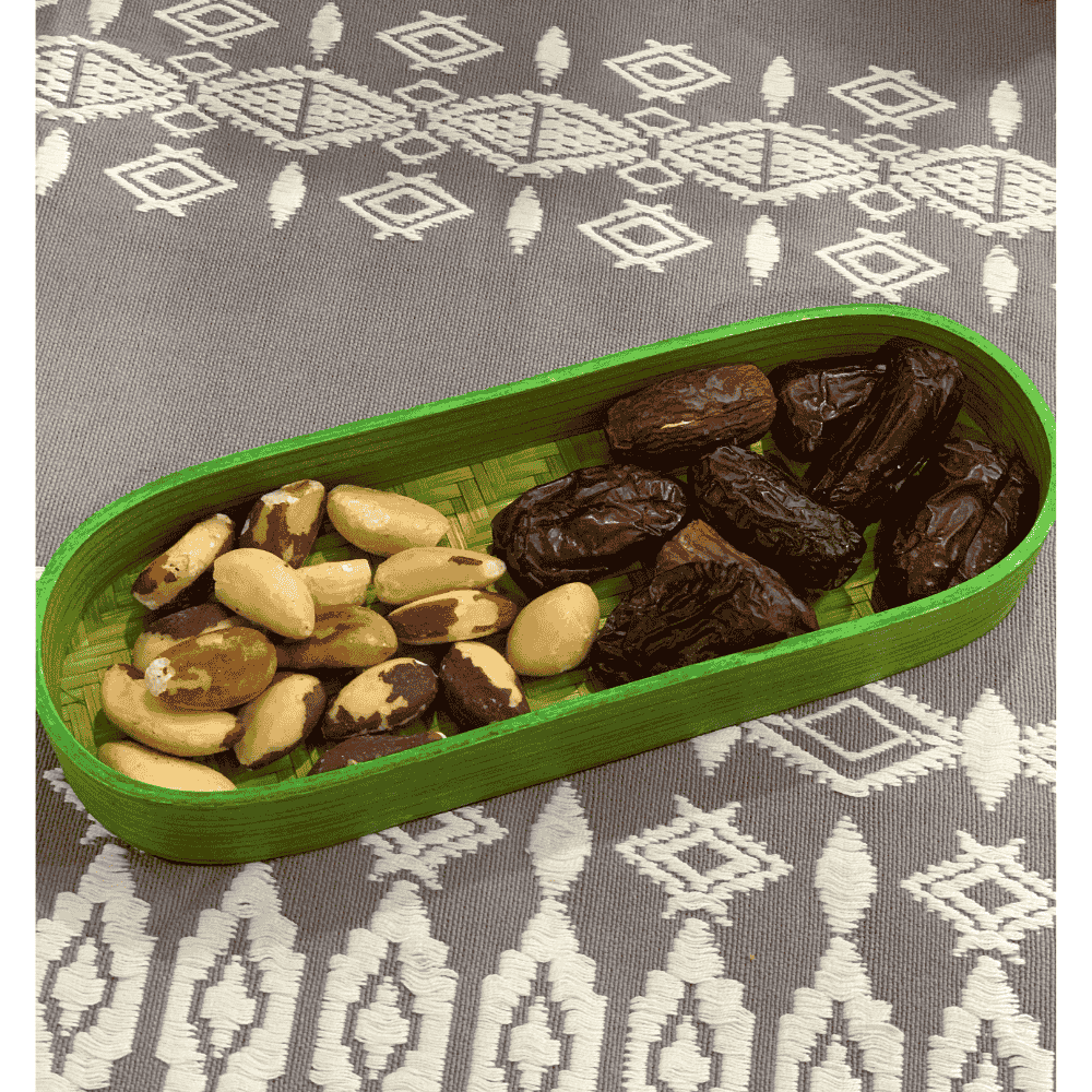 Green bamboo tray at an angle