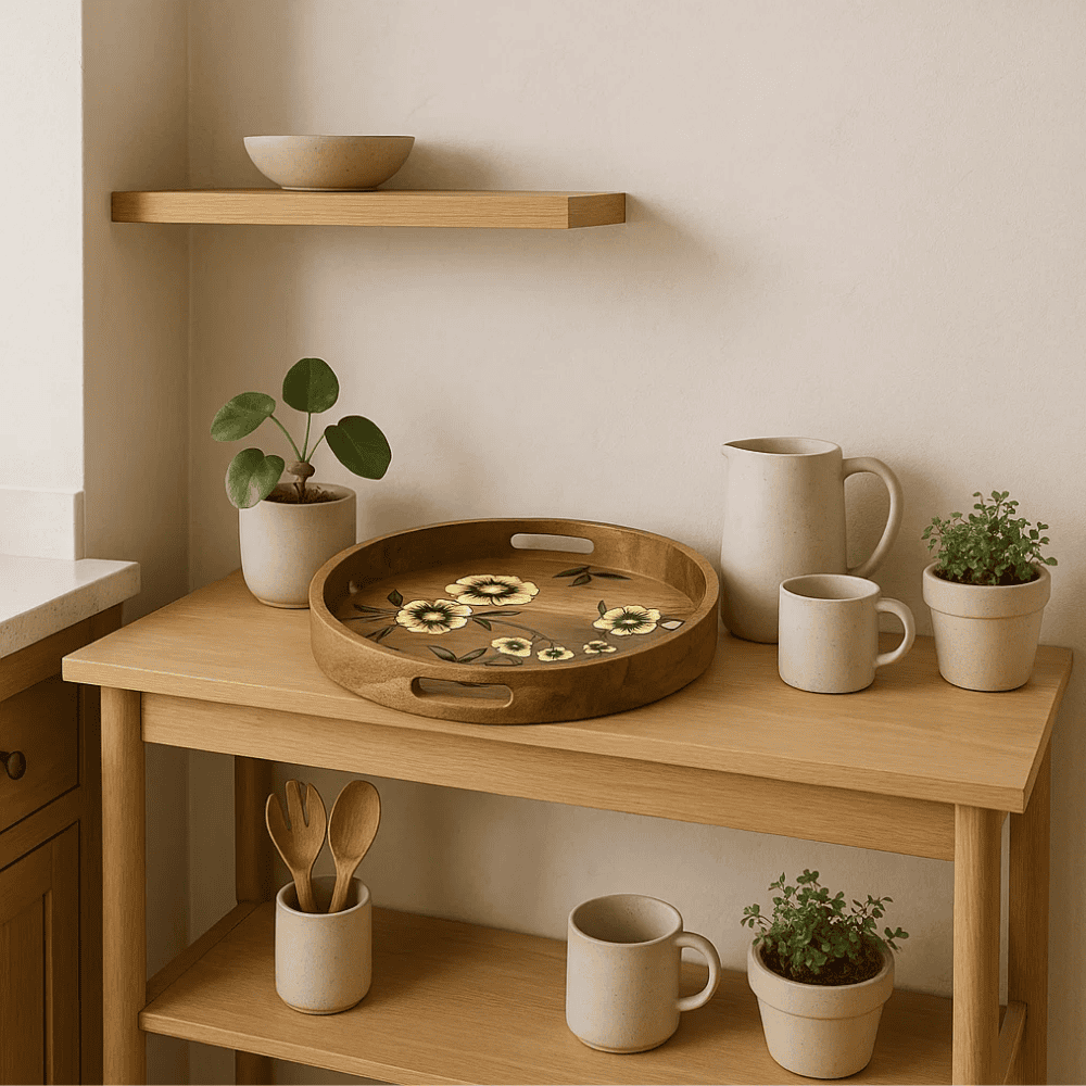 Floral mango wood tray side view