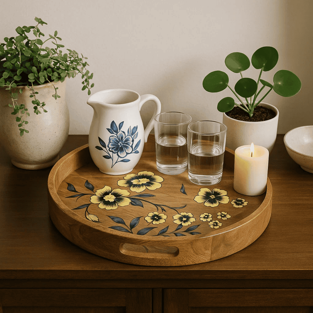 Floral mango wood tray at an angle