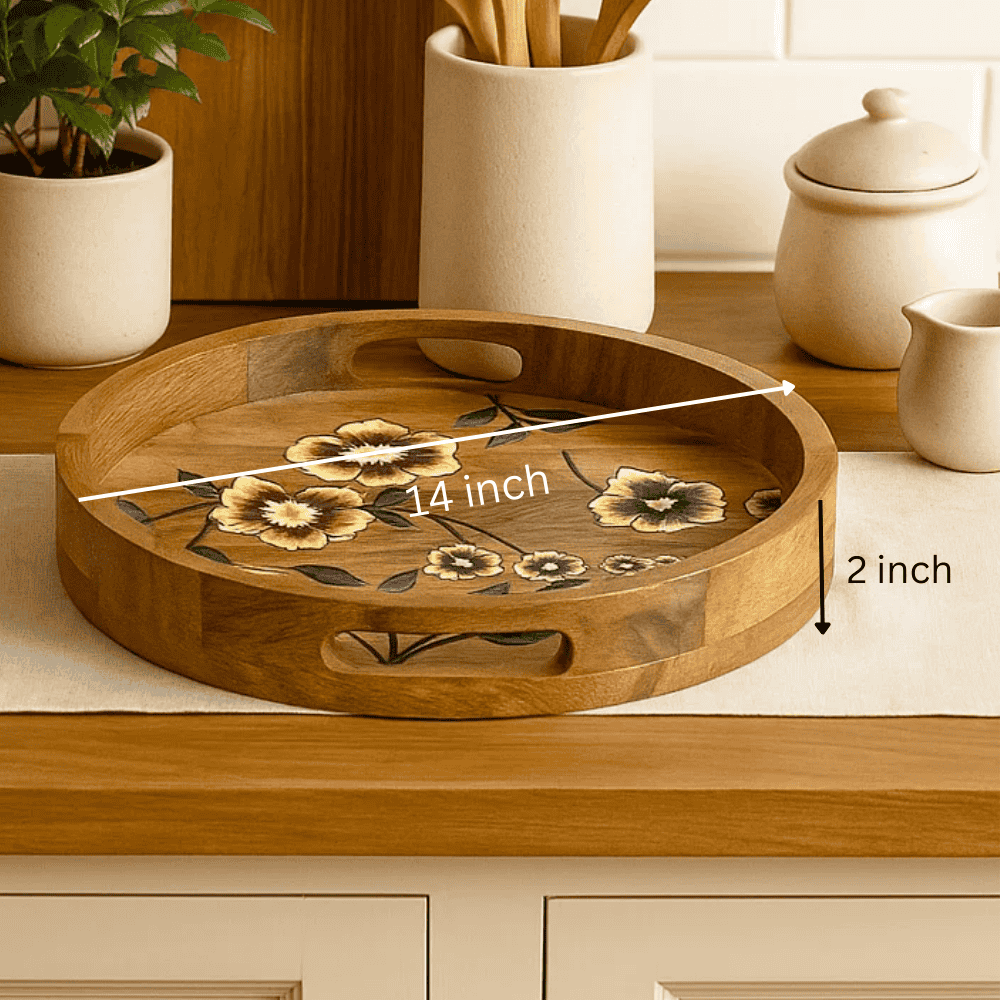 Floral mango wood tray styled with items