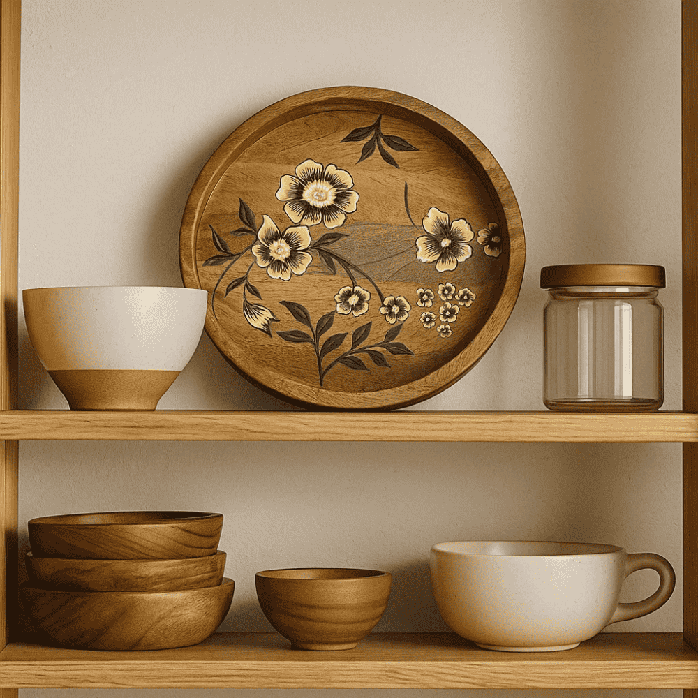 Floral mango wood tray close-up of print
