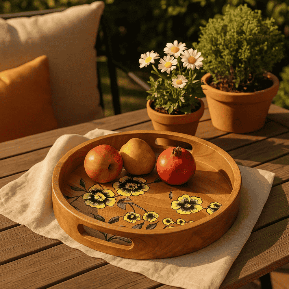 Floral mango wood tray top view