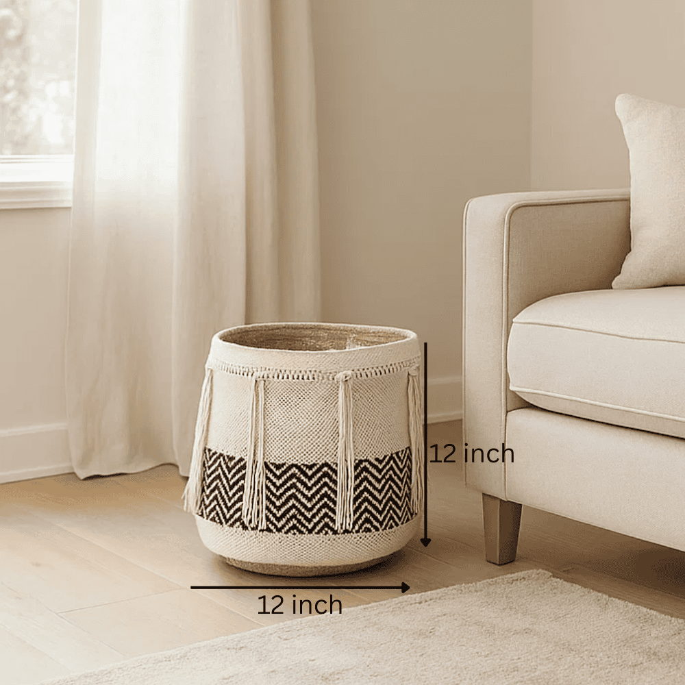 Small storage basket in boho shelf display