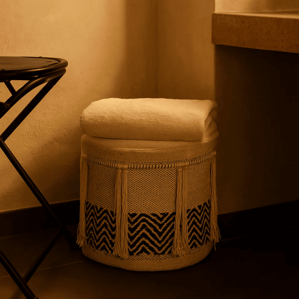 Small storage basket in bedroom corner