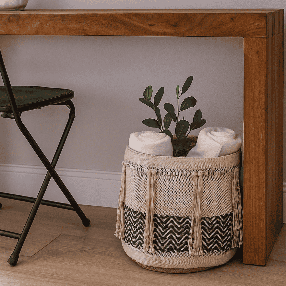 Small storage basket beige geometric flat lay