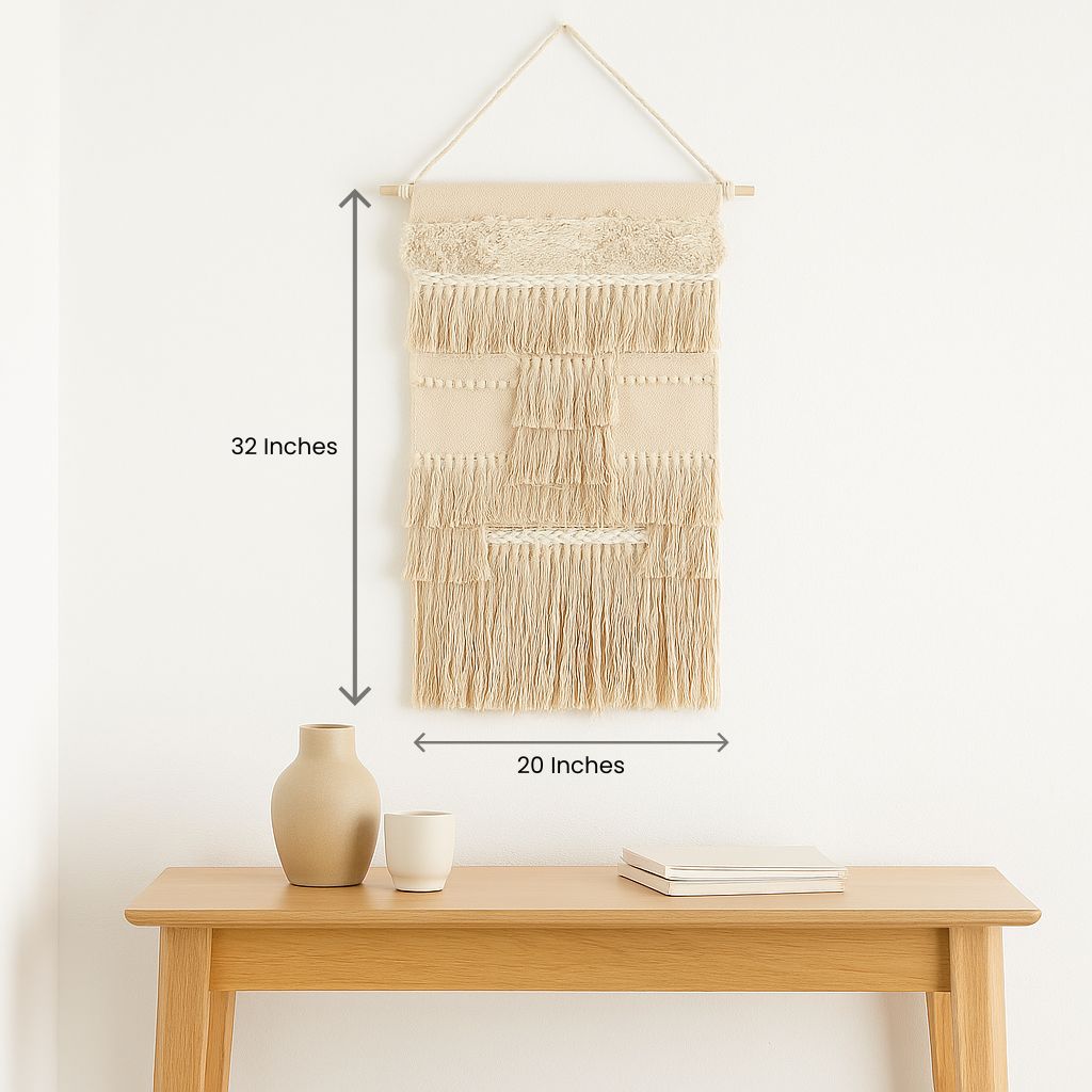 Beige wool and cotton wall hanging close-up showing handwoven blend