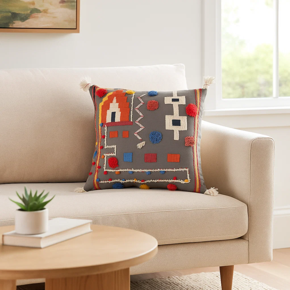 Abstract embroidered cushion cover at an angle