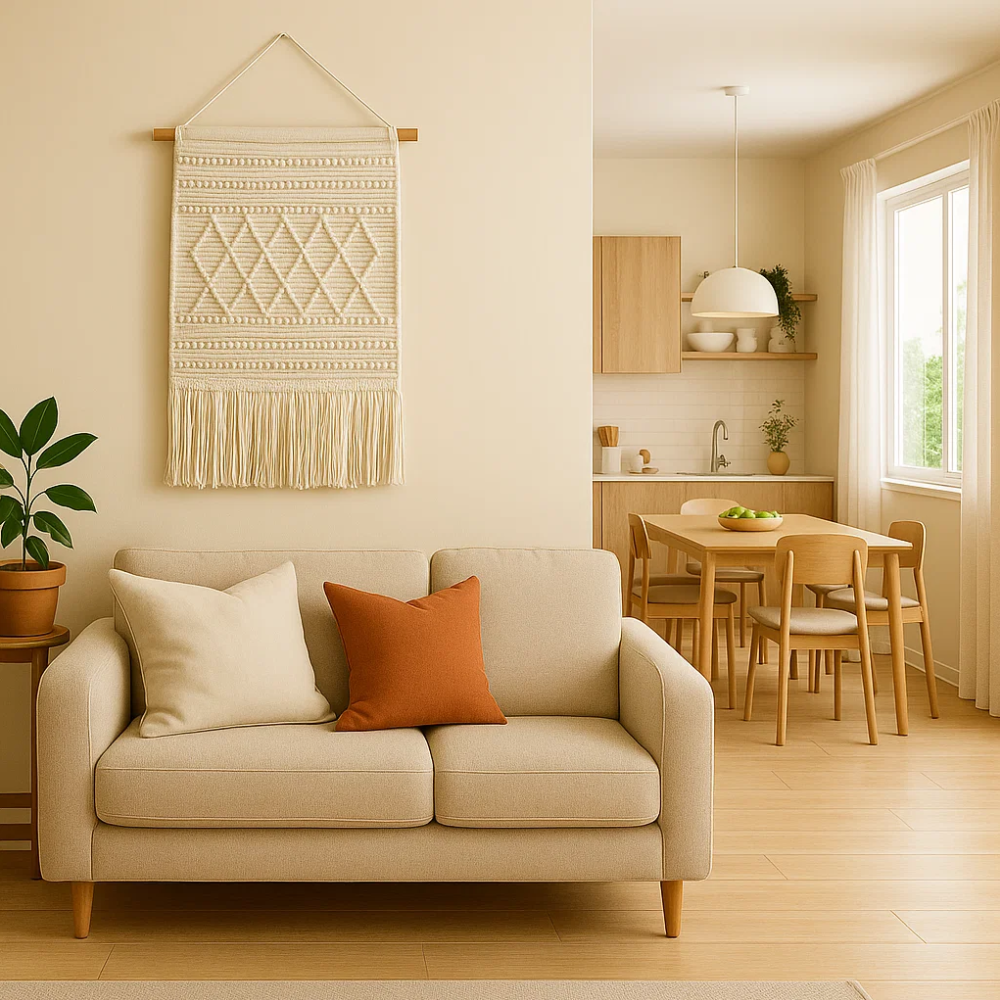 Cream wool and cotton wall hanging styled in a French country space