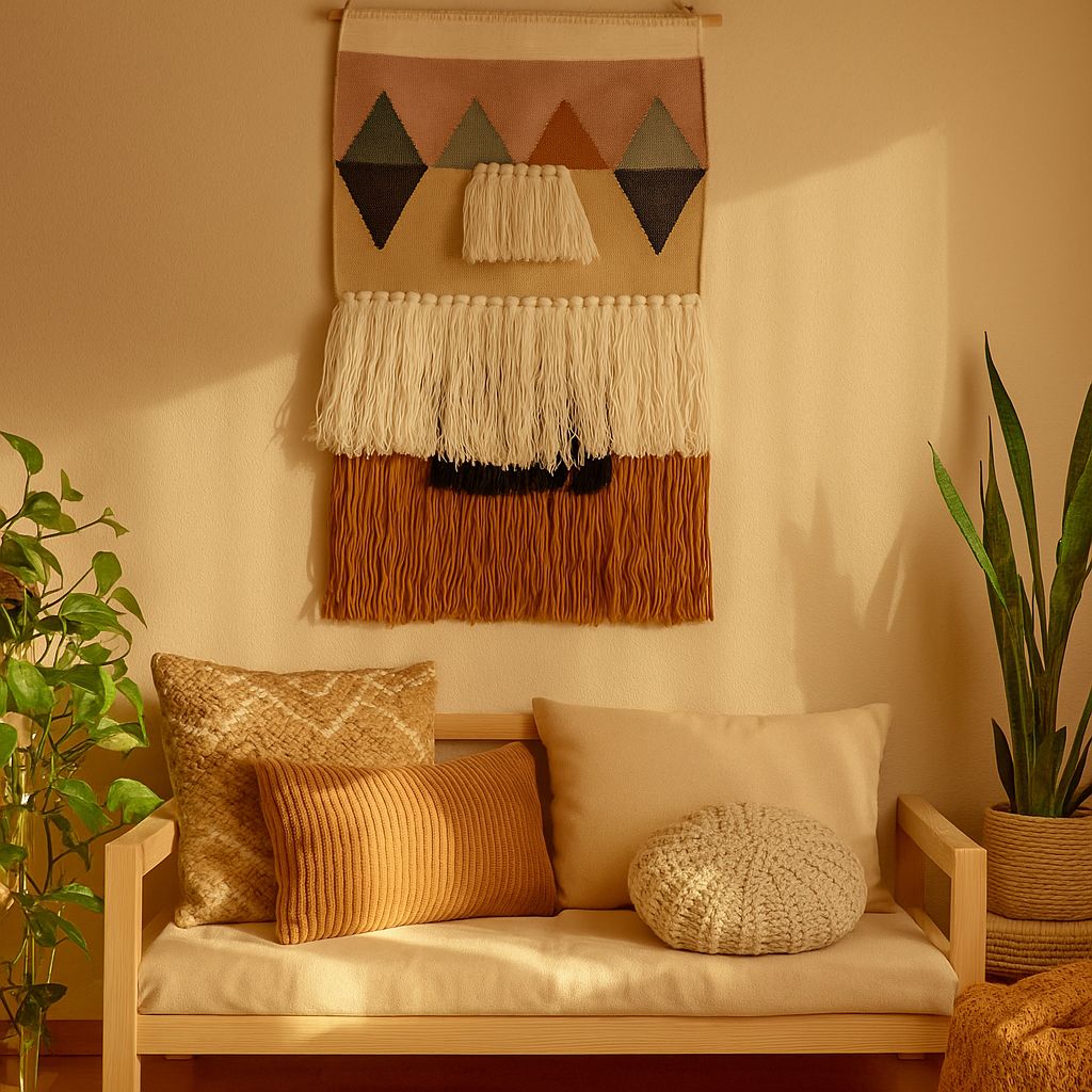Tufted geometric wool wall hanging detail of fringe at the bottom
