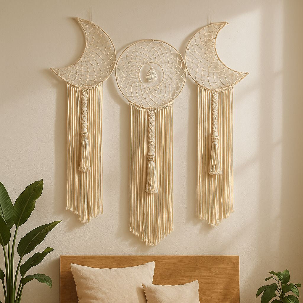 Macrame moon wall hanging for bedroom or entryway