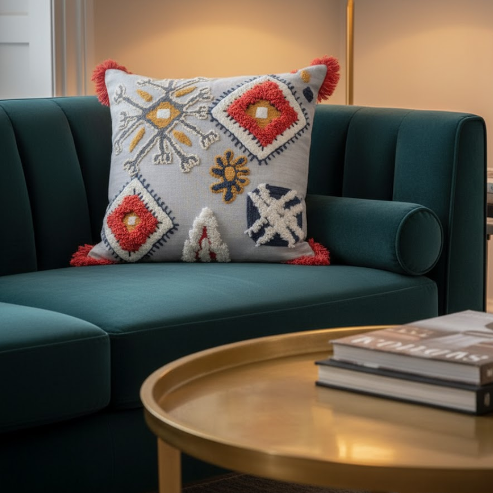 Fringed embroidered cushion cover at an angle