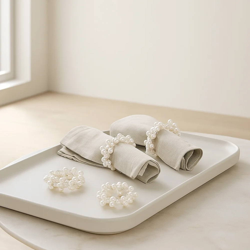 Pearl napkin rings at an angle