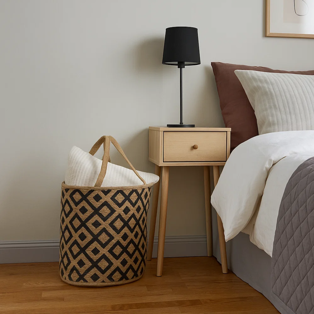 Diamond jute basket with items