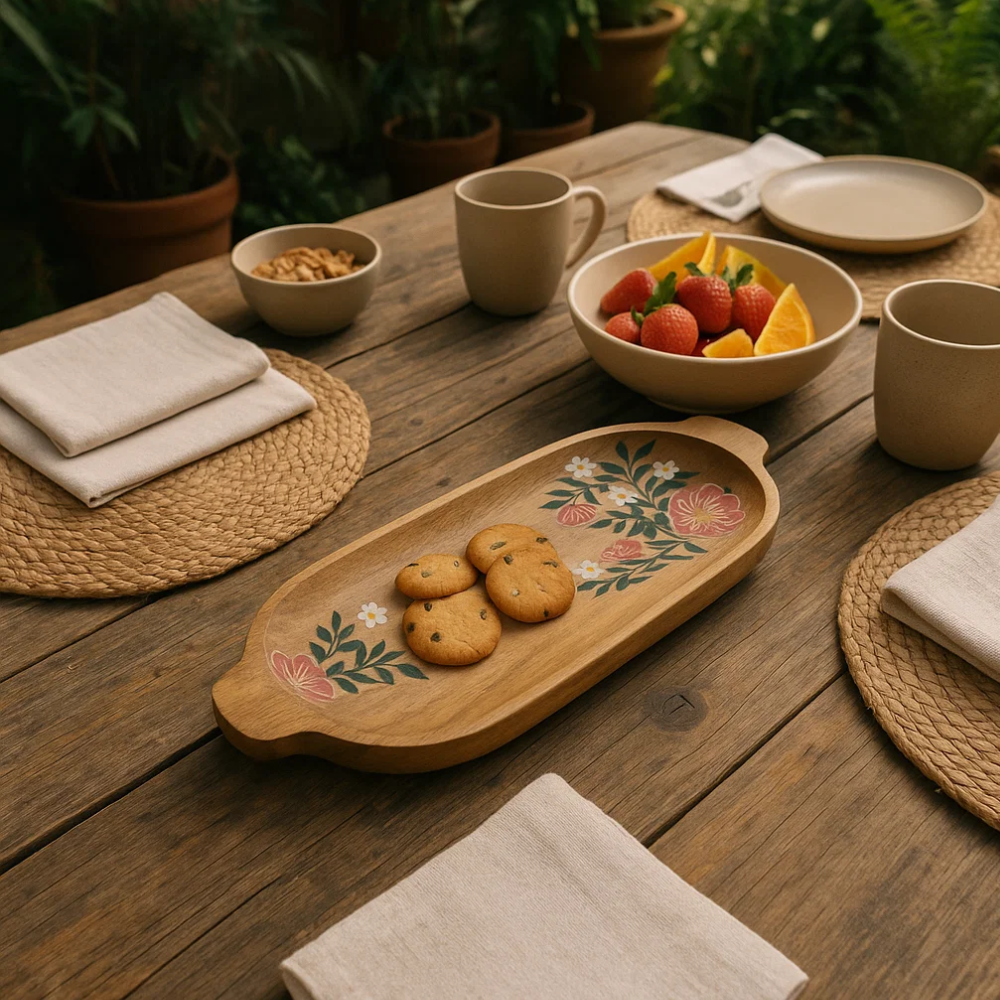 Elongated wood platter styled with food