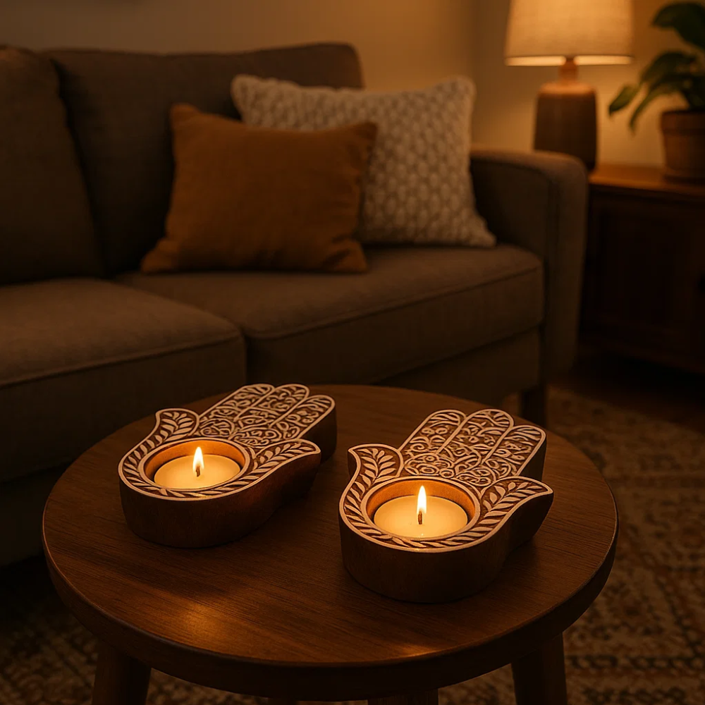 Wooden hamsa tealight holders styled on shelf